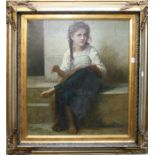 Late 19th century Continental school A pretty girl seated cross legged upon a stone ledge darning a