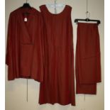Han Ping. A rust red sleeveless dress, together with matching jacket and stole/scarf, size large Fo