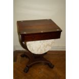 A William IV figured rosewood work table, with single frieze drawer and work bag below on a navette