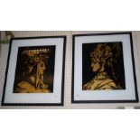 Three black and gilt furnishing prints on glass each head and shoulders of a young woman in ceremoni