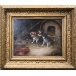 After George Armfield (1808 - 1893) Three terrier pups and a caged rat in a barn interior Oil on pan