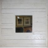A white painted distressed wood framed wall mirror with plain square plate 63 x 63cm Formally the pr