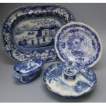 A small collection of blue and white transfer painted pottery wares to include a Man on a Mule patte