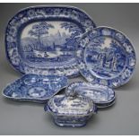 A small collection of blue and white transfer printed pottery to include a Bee-Master circular plate