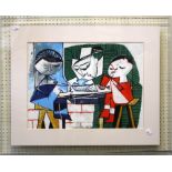 A 20th century print in colours of figures dining in an Oriental interior. 42.5 x 57cm Formally the