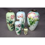 A collection of five Japanese Meiji cloisonne vases including Ginbari. 9 to 25cm (a/f)