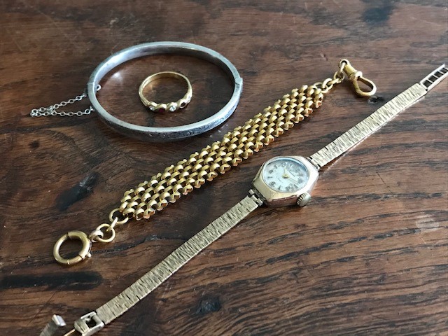 A high carat gold fob watch chain, a ladies 9ct Precista wristwatch, an 18ct ring and a silver