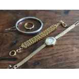 A high carat gold fob watch chain, a ladies 9ct Precista wristwatch, an 18ct ring and a silver