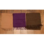 A lambs wool camel Daks scarf, a purple cashmere scarf and mid brown pashmina made in UK, lambs