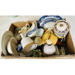 Quantity of ceramics, including porcelain decanters, blue and white plates, gravy boats, etc.