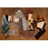 9 Long assorted scarves in various colour ways and fabrics, 9 assorted fabric squares in assorted
