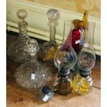 Assorted glass decanters; gas lamps; others (5)