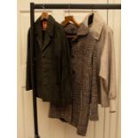 A Suede grey jacket with 3 buttons (sample), size 12. A Tweed 3/4 coat size 14, 100% wool (