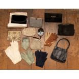 A collection of leather and suede gloves and driving gloves. A box containing a velvet evening