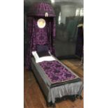 The Baroness's Bed including pillows and teddy bears. Bed is approx. 7 feet long and 30 inches wide.