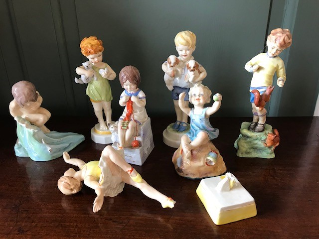 Seven Royal Worcester Figures, to include Monday's Child, Wednesday's Child, August 3441, October