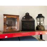 An Edwardian oak smoker's cabinet, an oak wall mounted casket and a Tilley lamp (3)