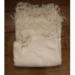 A Large Cream Alpaca shawl from Peru with crochet hem and wool tassels.