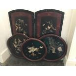 Three Japanese shibayama panels with applied mother of pearl, abalone shell and bone etc. and a