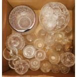 box of glass ware, wine glasses, port glasses, bells, etc.