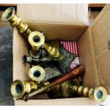 Five similar Victorian brass candle holders; similar pair of gilt holders; copper huntsman horn