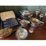 Silver, to include a George V Walker & Hall silver three piece oval stop fluted tea set, principally