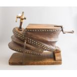 A set of vintage foot operated bellows, wooden with studded leather mechanism, width 45cm