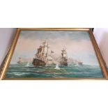 Melville (20th Century), galleons in battle at sea, signed l.l., oil on canvas, framed, 50cm by