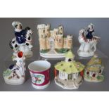 A collection of nineteenth century Staffordshire figures, c. 184-80. To include: two cottages, a