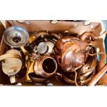 An Assorted collection of copper, brass and plated silver items including kettles, urn, gravy