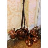 Assorted group of copper, bed warmers, kettles, huntsman horns, etc.