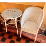 A 20th Century Lloyd loom type tub chair; a similar circular table (2)