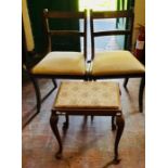 A pair of Victorian revival oak/mahogany dining chairs; another art deco walnut dressing stool (3)