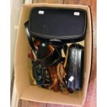 An assorted collection of cameras, binoculars, dagger; others