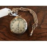 A 9ct gold circa 1920's open-faced pocket watch, on a 9ct gold short double chain, approximate