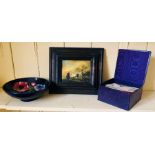 A Moorcroft pottery bowl (a/f); a brass painted landscape; box of postcards