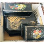A 19th century lacquered tea caddy; similar jewellery box; another (3)