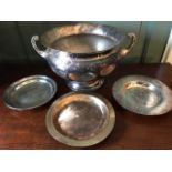 A plated twin handled sideboard bowl, together with  three patens (4)