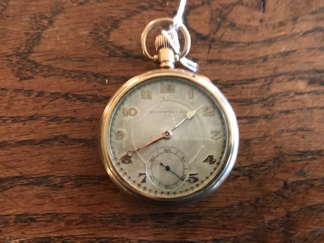 A 9ct gold Thomas Russell open faced pocket watch, topwind, Birmingham 1923, approximate weight