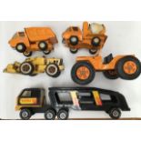 Tonka Toys including crane, bulldozer, transporter etc. Along with radio control racing car and