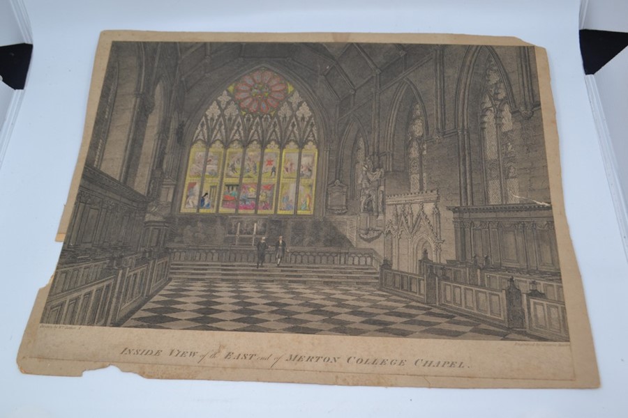 Three various etchings to include; inside view of the east end of Merton College Chapel, engraved by - Image 2 of 3