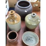 A collection of stone ware including Victorian Ale by Harborough Brewery and other stone glazed