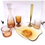 Mid Century to modern amber glass collection, including Wedgwood, Lynn. inc Lynn Decanter with