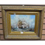 A framed print of early 19th Century ships in battle, in gilt frame, along with a late 20th