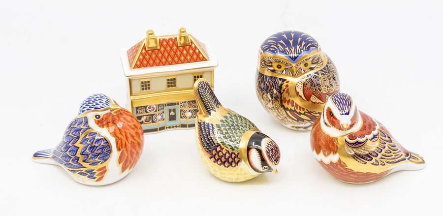 Five Royal Crown Derby paperweights, with silver stoppers, second quality, to include; Owl, Blue
