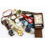 A collection of assorted timepieces to include a Jaeger Le Coultre travel clock, various ladies