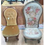 Mid Victorian low seat with high balloon back parlour / bedroom chair with original tapestry
