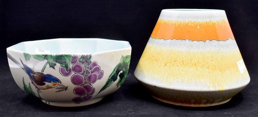 Two mid 20th century Shelley pieces, bowl with hand painted birds and fruit; and vase