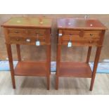 A pair of contemporary sycamore side tables, each fitted with two short and one long drawer below,