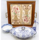 A reproduction tray inset with four Victorian printed tiles, together with a group of